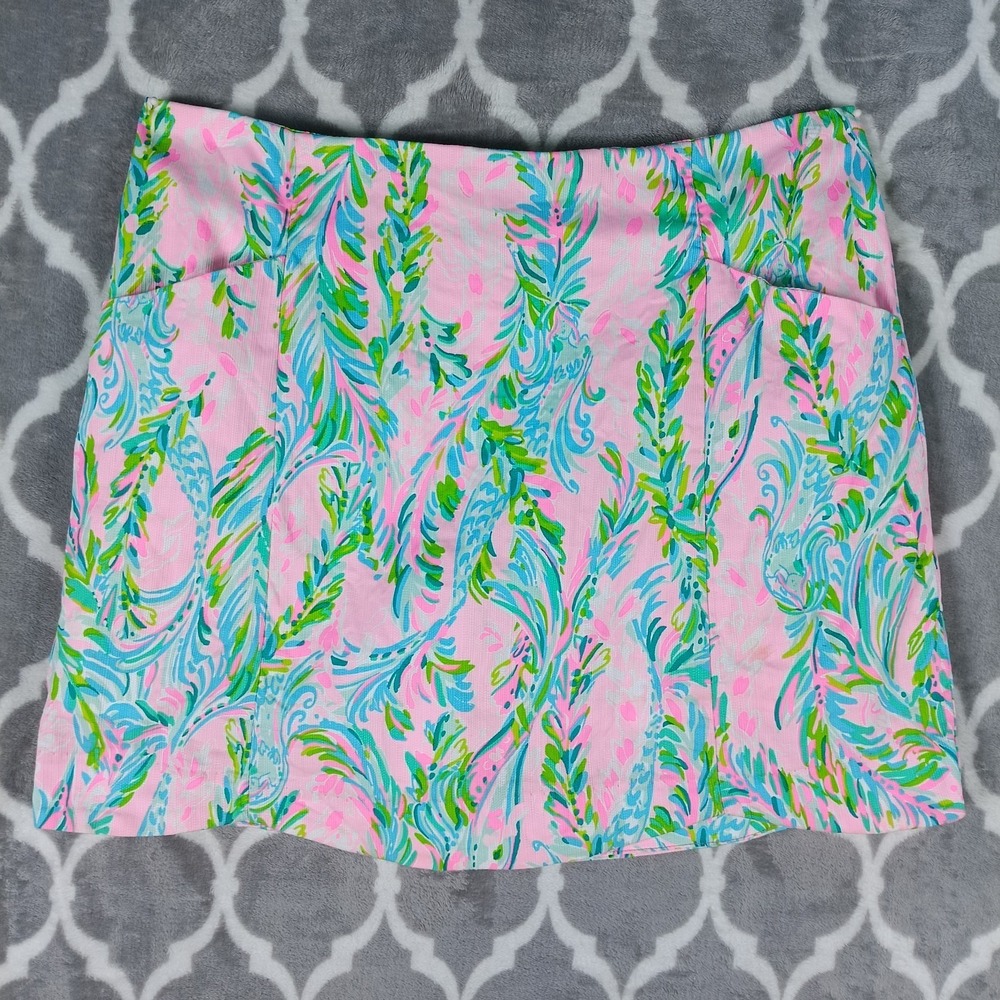 Lilly Pulitzer Skirt Skort Women Size 10 Pink Green Scalloped Hem Pockets Resort - Picture 4 of 14